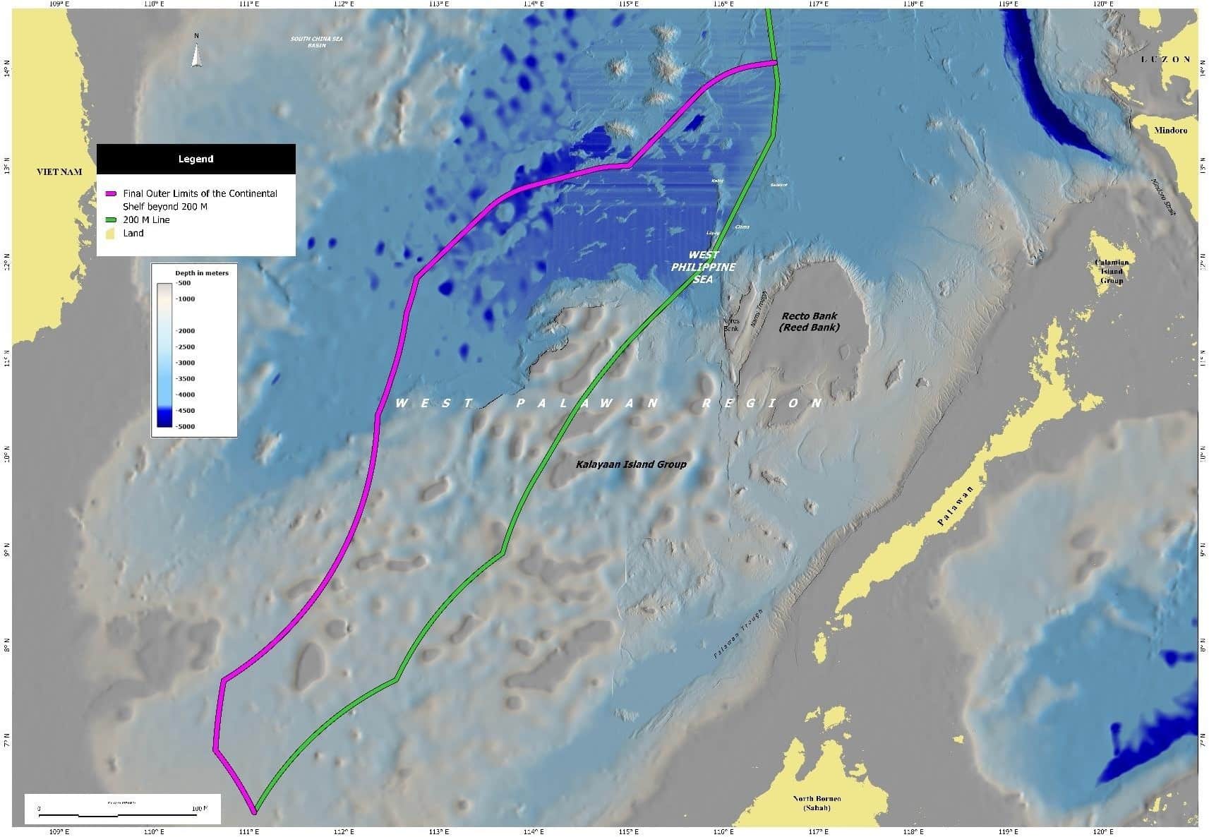EXTENDEDCONTINENTAL SHELF The Philippine government’ssubmission to theUNCommission on the Limits of theContinental Shelf shows a block representing the extended
continental shelf west of Palawan.